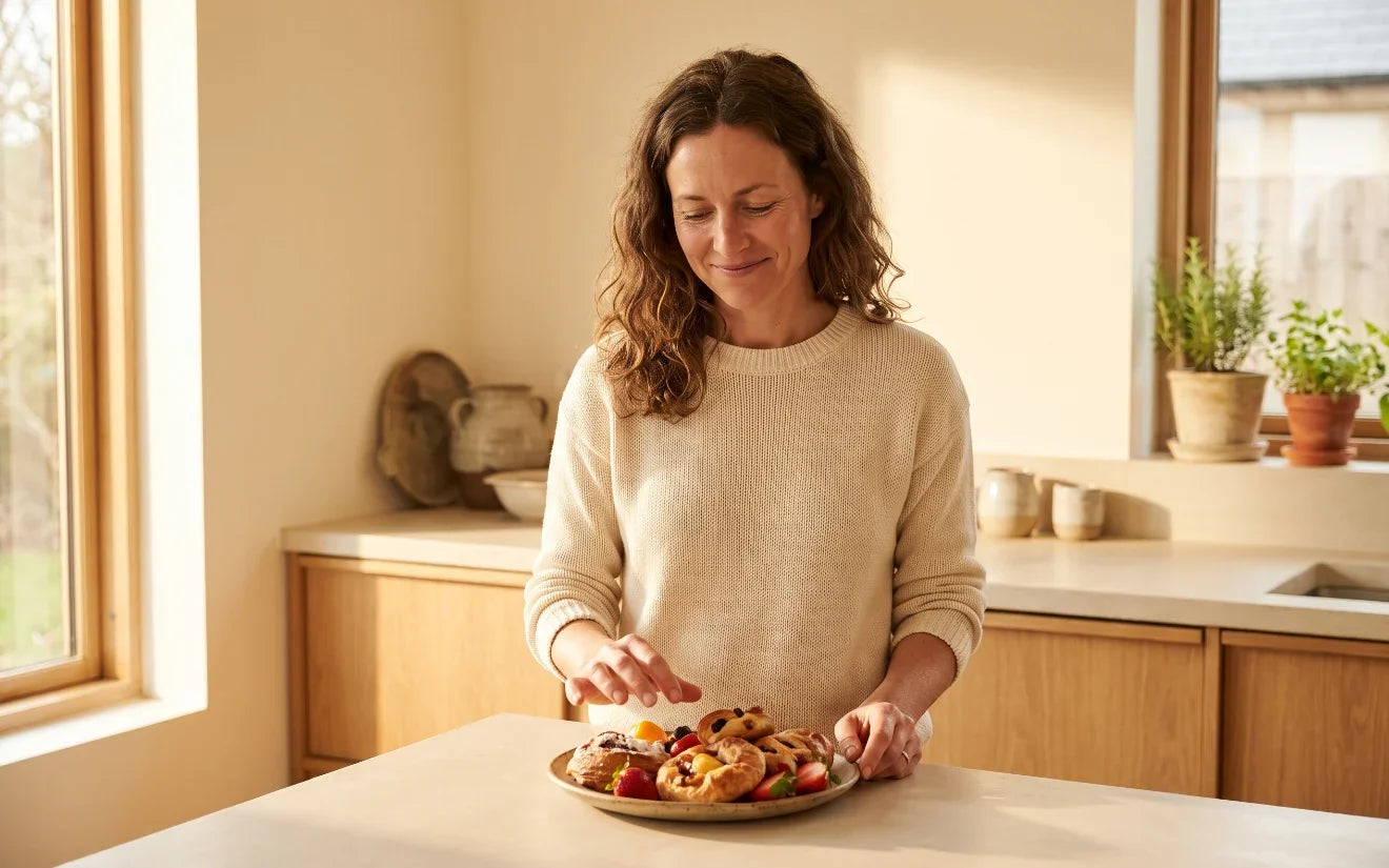 Woman in a sunlit kitchen calmly passing on an afternoon pastry