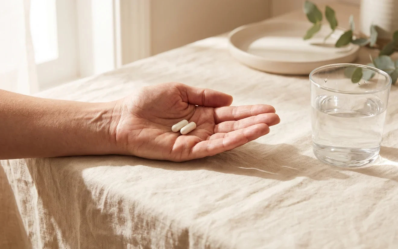 Two capsules in an open palm beside a glass of water on a sunlit counter