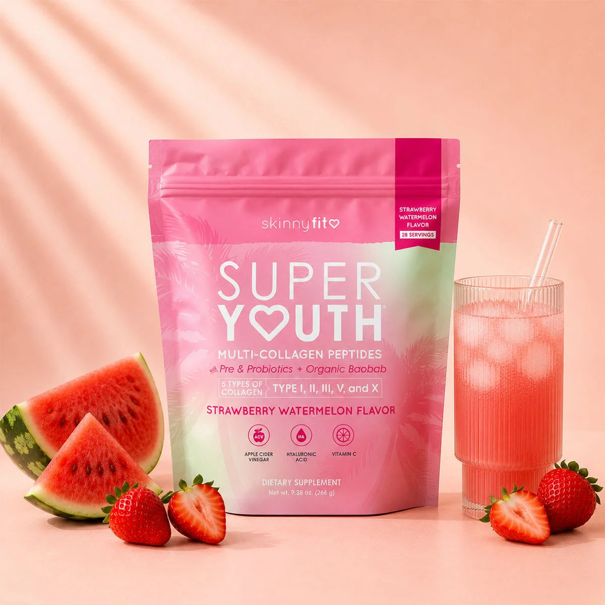 SkinnyFit Super Youth Strawberry Watermelon prepared as a refreshing drink