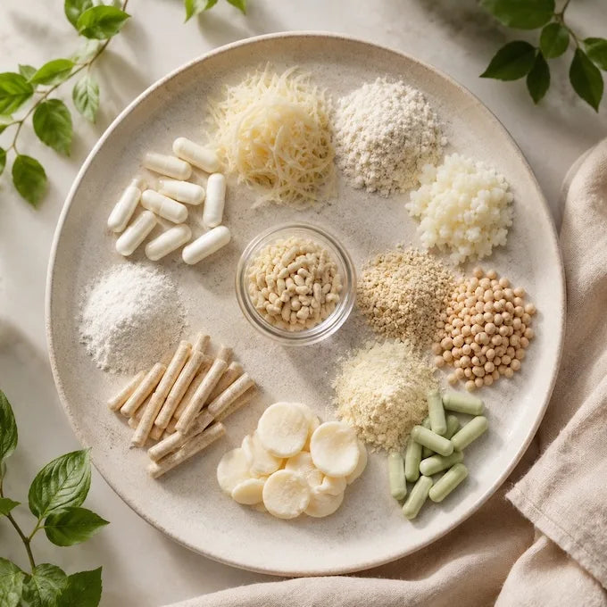 Probiotic capsules in a wooden bowl with strain callouts