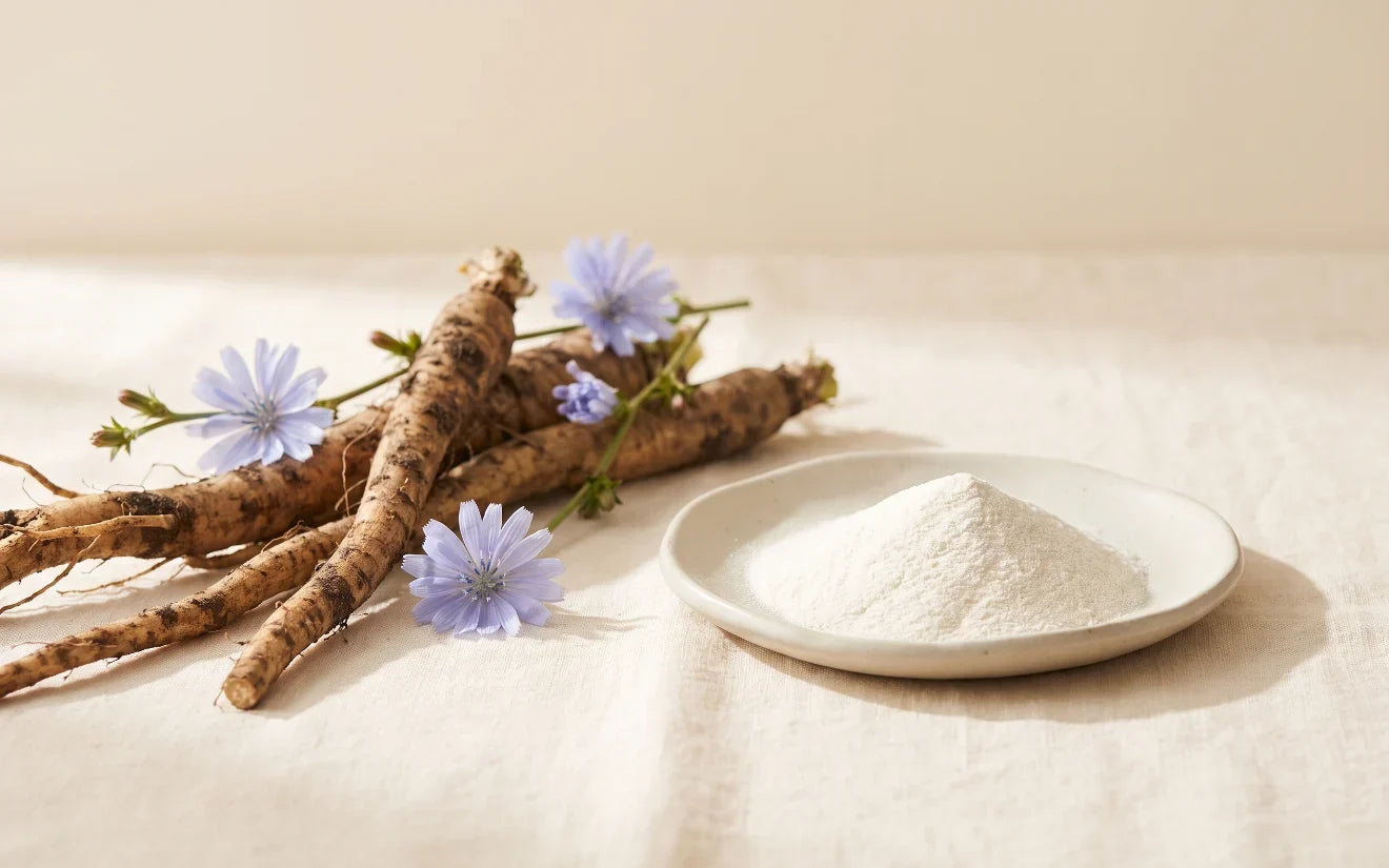 Chicory root and prebiotic inulin powder on cream linen